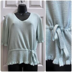 Vintage Lots Brand Knit V Neck Ruffle Trim Cinch Tie Detail Top Medium Soft